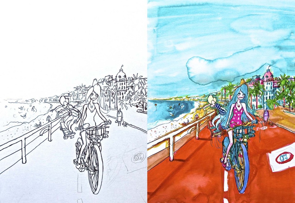 Cahier de Coloriages Nice, Côte d'Azur - Illustration de Mister Riviera devant le Negresco Promenade des Anglais par Virginie Broquet - Blog Mister Riviera 2016